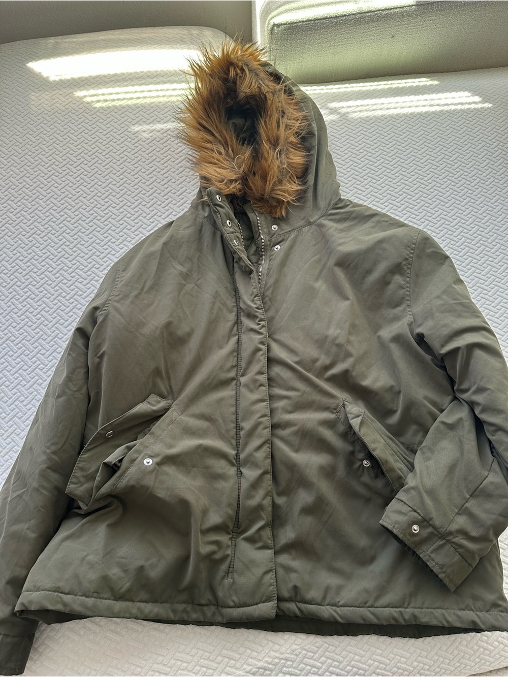 Divided Olive Green Quilted Hooded Jacket with Faux Fur Trim